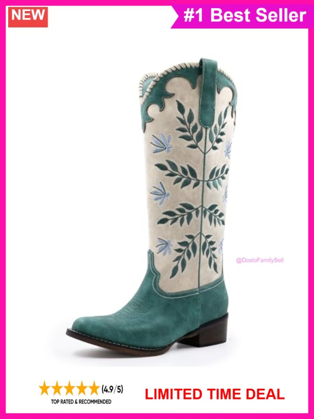 Womens Leaf Embroidered Knee High Western Cowboy Pull On Boots Round Toe Chunky